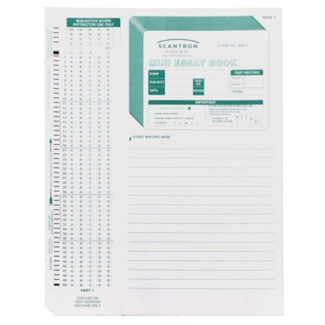  Form size 8 12 x 11 2 sided 100 Questions 5 Response Choice (A E) Subjective Score Feature Four Essay Pages (6 x 11). Use with Item Analysis Form 9700. Compatible with 888P 888P and Scantron Score. 